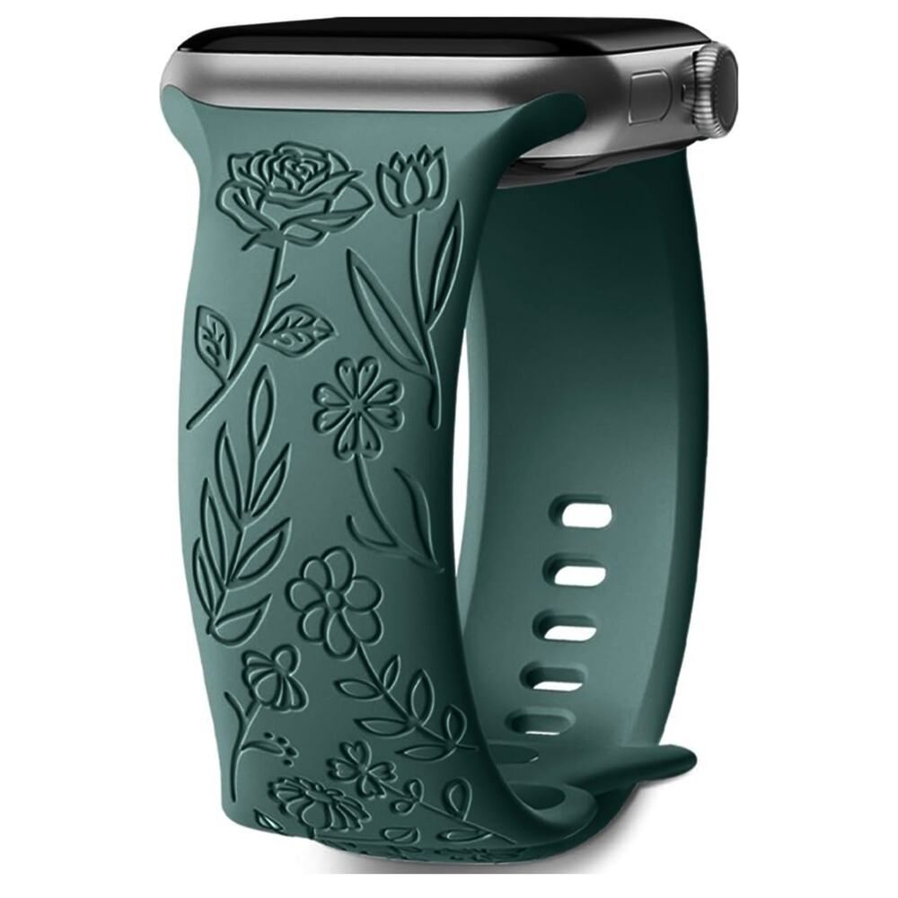 Unbranded Apple iWatch 9/8/7 SE Engraved Rose Floral 34mm‎ Silicone Watch Band